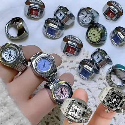 Punk Mini Quartz Watch Clock Finger Rings for Men Women Stainless Steel Elastic Strap Punk Couple Roman Ring Jewelry Gifts