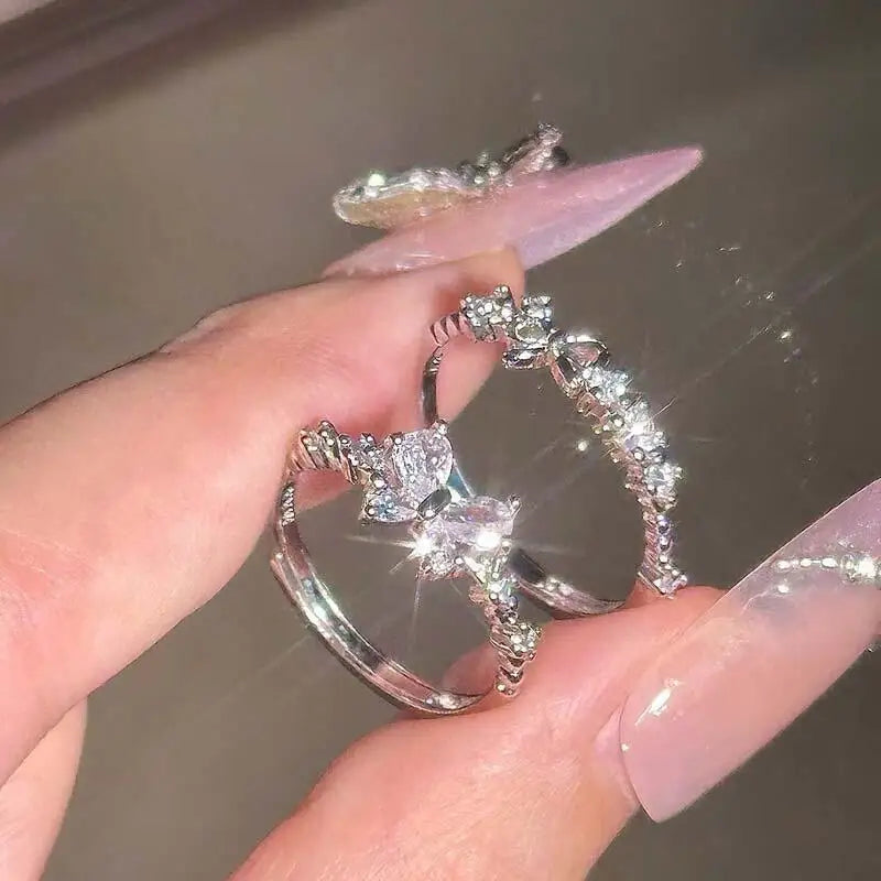 Fashion Bowknot Zircon Rings for Women Luxury Geometric Metal Open Rings Y2K 2000S Good Friend Jewelry Gifts Accessories