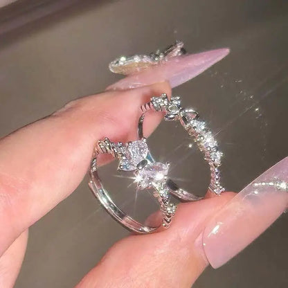 Fashion Bowknot Zircon Rings for Women Luxury Geometric Metal Open Rings Y2K 2000S Good Friend Jewelry Gifts Accessories