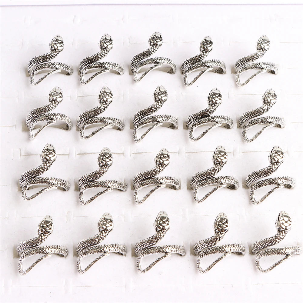 10pcs/lot Men Retro Punk Snake Rings For Women Antique Siver Color Opening Adjustable Jewelry Party Gifts