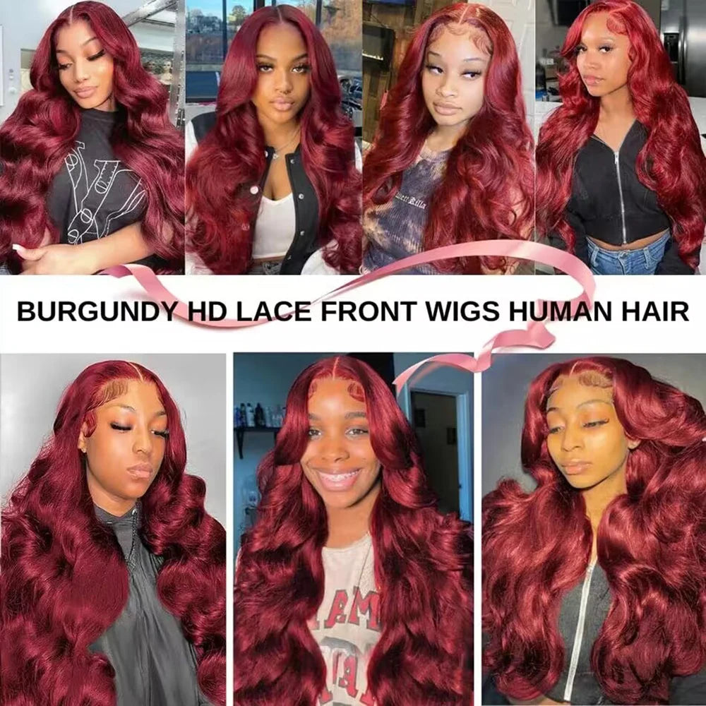 99J Burgundy 13x6 Lace Front Wig – Body Wave 200% Density, 30–36 Inch Red Colored