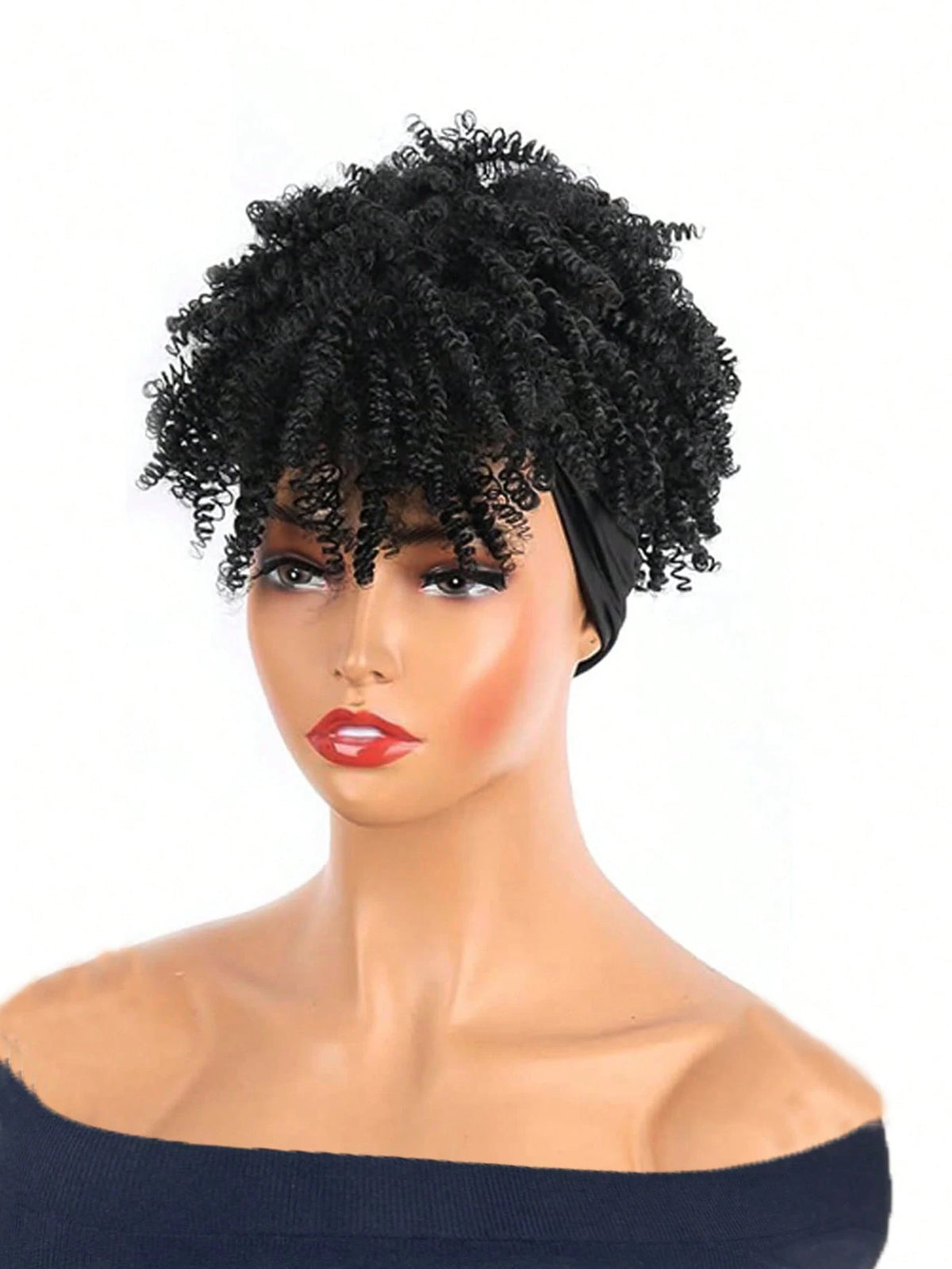Afro Kinky Curly Headband Wig – Dark Brown Synthetic Wrap Wig with Bangs, 2-in-1