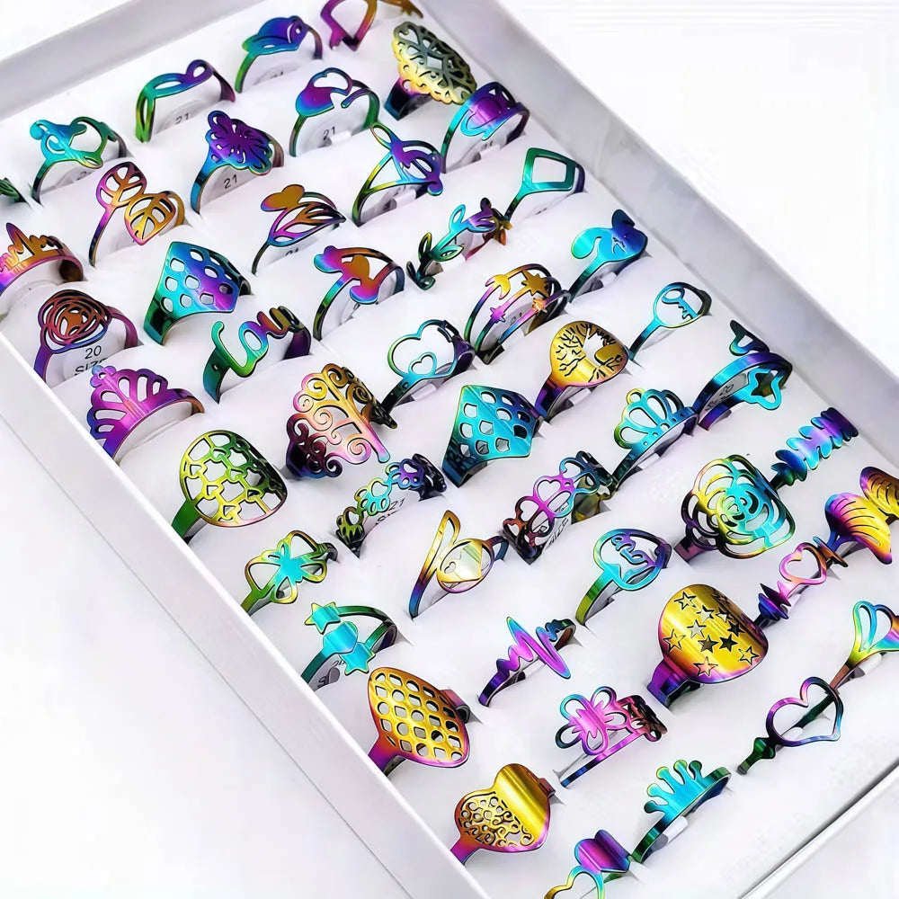 10/20Pcs/Lot Fashion Classic Charm Multicolor Simple Stainless Steel Rings For Women Wedding Love Mix Style Jewelry Party Gifts