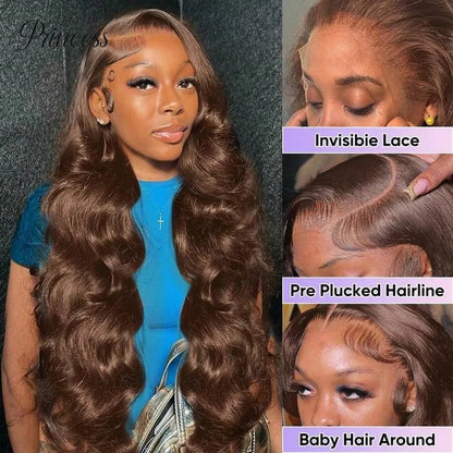 Chocolate Brown Body Wave 13x6 HD Lace Front Wig – 220% Density, 30 Inch Transparent