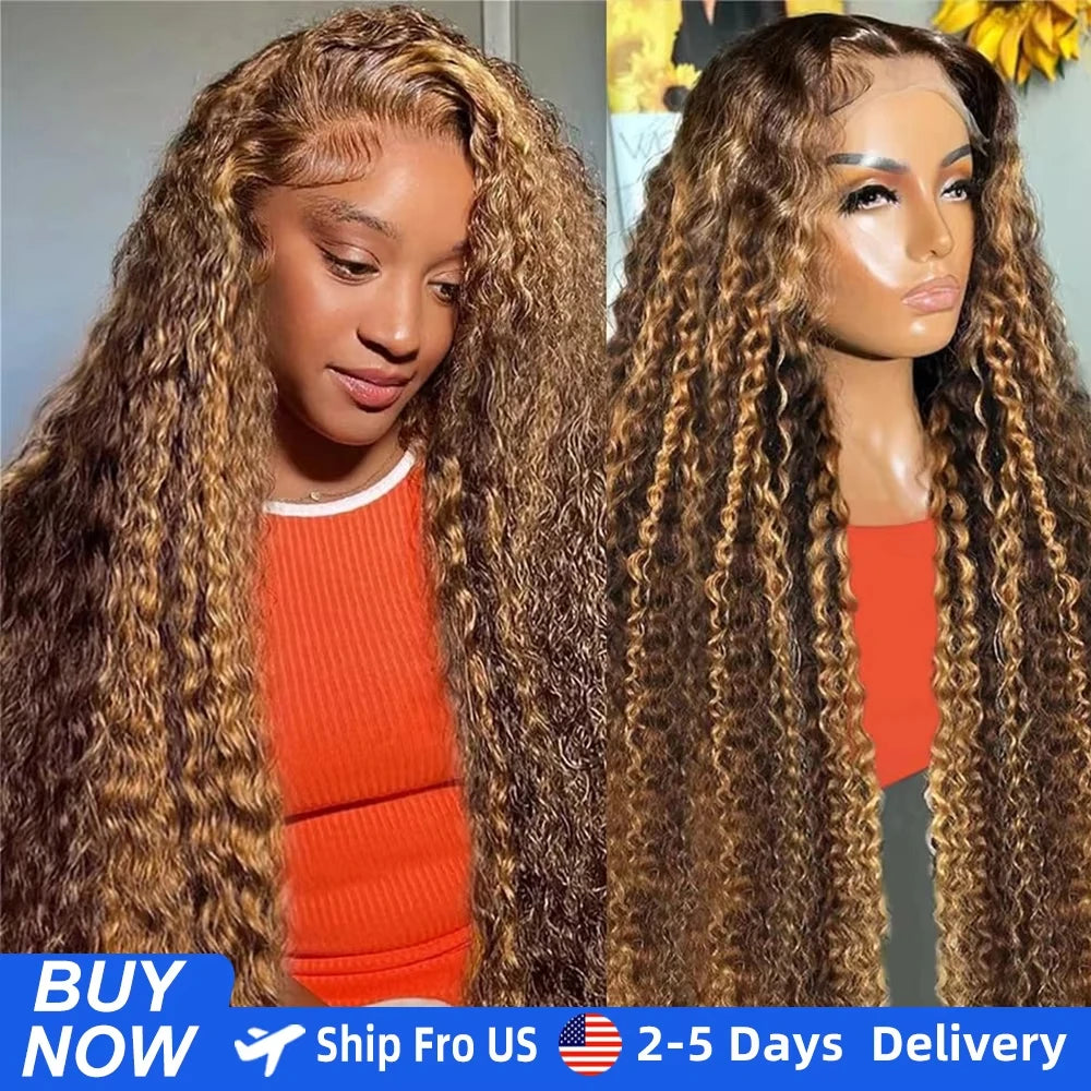 Honey Blonde P4/27 Highlight Curly Deep Wave HD Lace Frontal Wig – 13x4 & 13x6, 30–36 Inch
