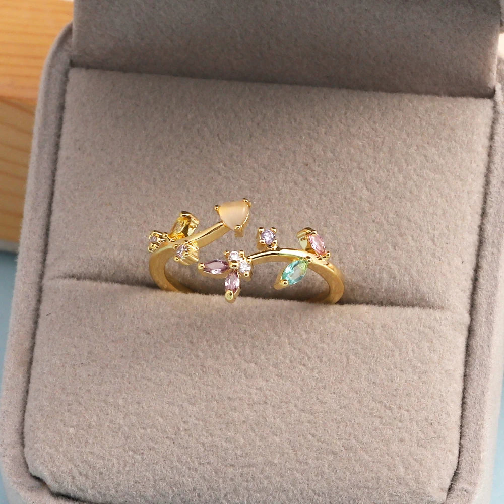 100 styles 14K Gold Plated Color Zircon Flower Crown Bow Open Ring Women Adjustable Stackable Finger Rings Wedding Jewelry Gift