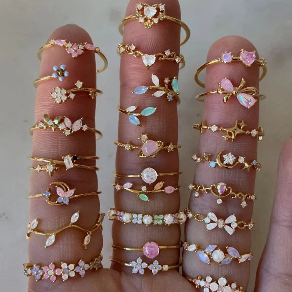 100 styles 14K Gold Plated Color Zircon Flower Crown Bow Open Ring Women Adjustable Stackable Finger Rings Wedding Jewelry Gift