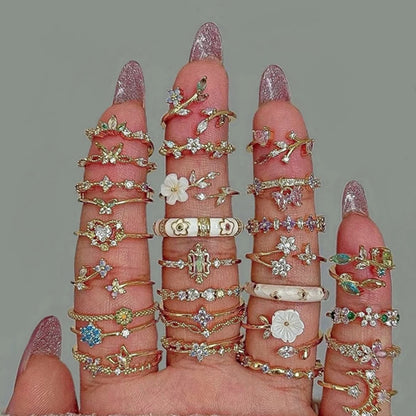 100 styles 14K Gold Plated Color Zircon Flower Crown Bow Open Ring Women Adjustable Stackable Finger Rings Wedding Jewelry Gift
