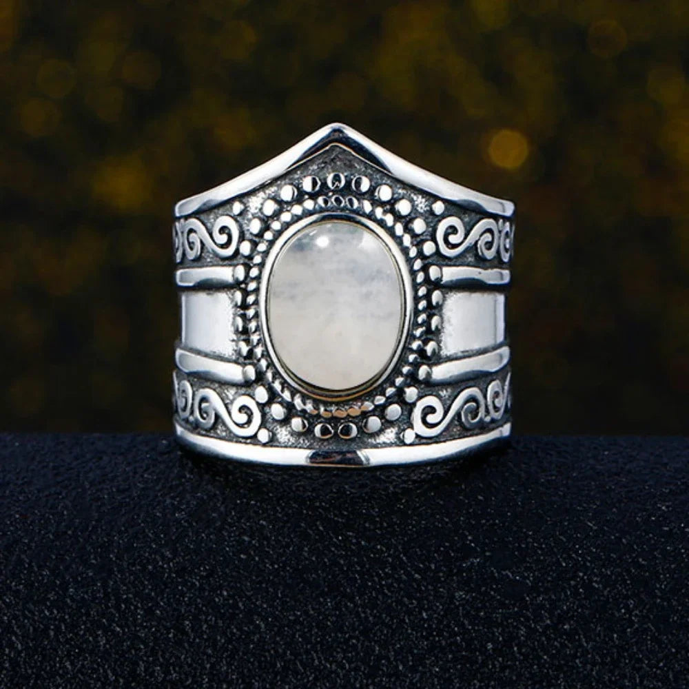 Round Oval Big Natural Moonstones Rings Women's Silver Plated Rings Gifts Vintage Fine Jewelry