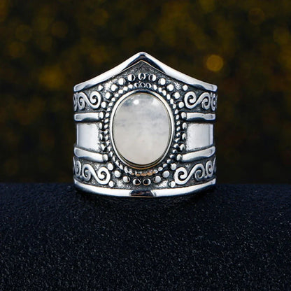 Round Oval Big Natural Moonstones Rings Women's Silver Plated Rings Gifts Vintage Fine Jewelry