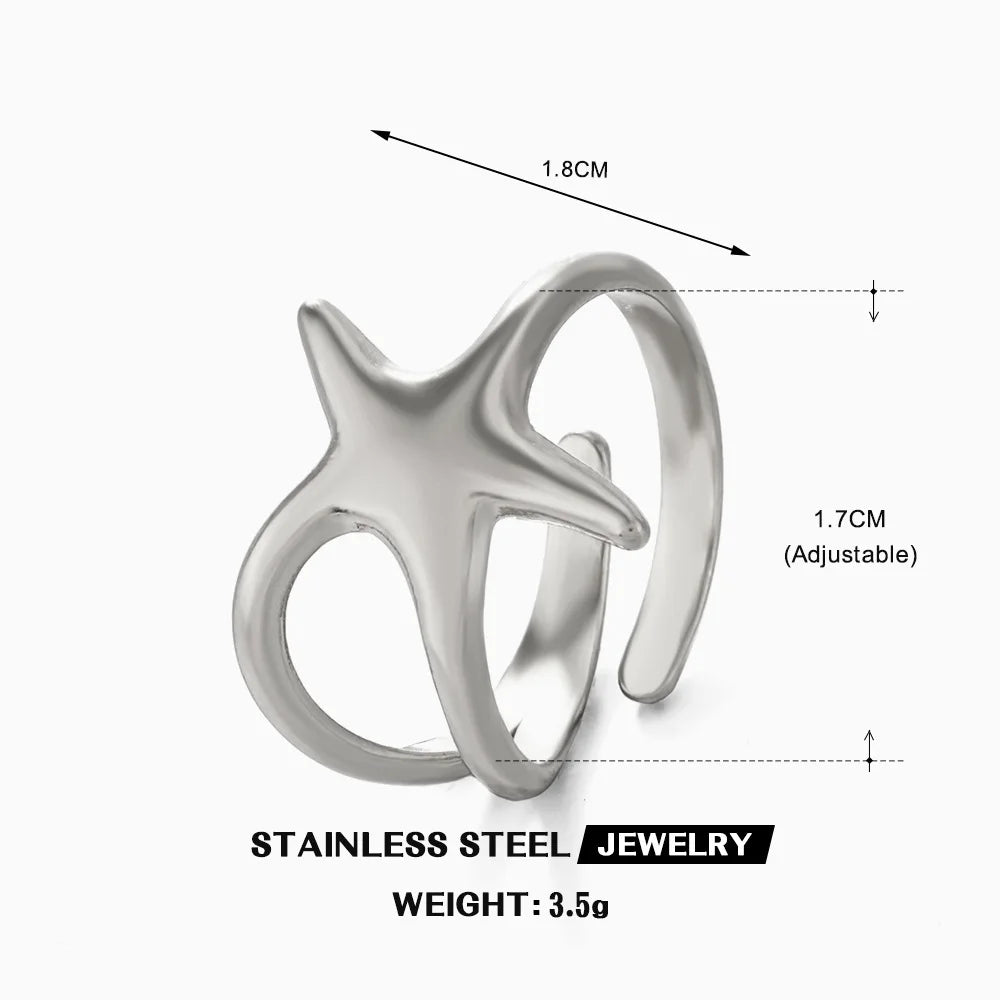 LATS Stainless Steel Y2K Celestial Star Open Rings for Women Men Unique Design Gold Silver Color Adjustable Ring Fashion Jewelry