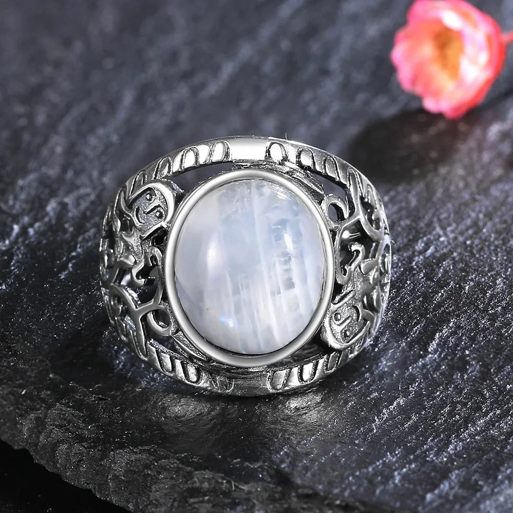 Round Oval Big Natural Moonstones Rings Women's Silver Plated Rings Gifts Vintage Fine Jewelry
