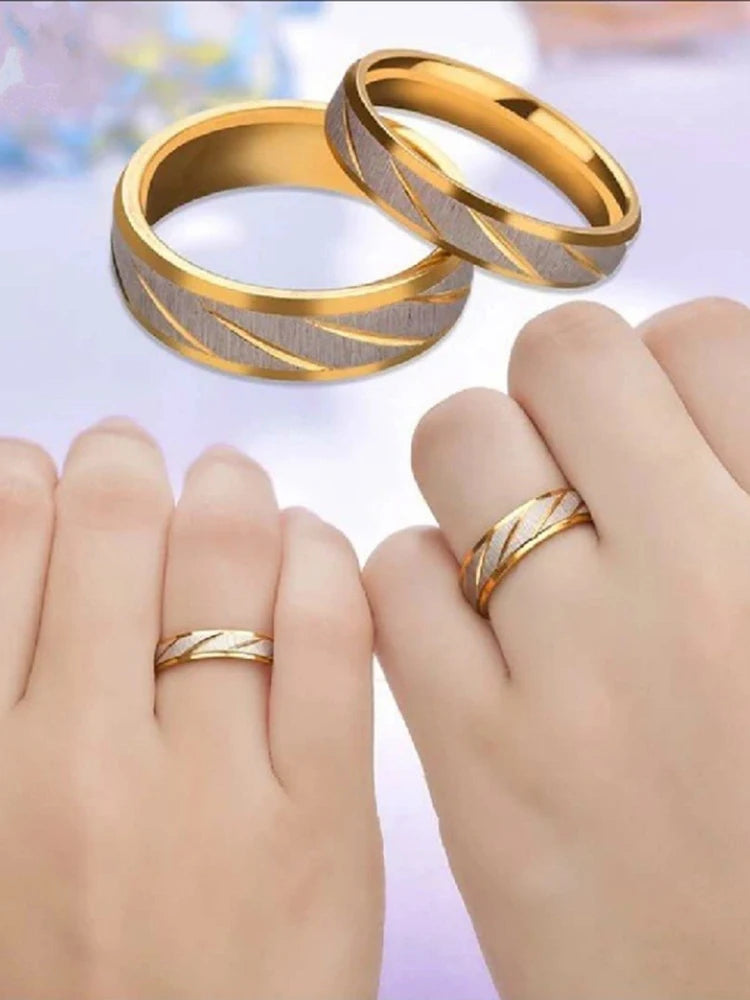 Fashion Gold Stripes Couple Rings 6mm 4mm Stainless Steel Contrast Color Jewelry Valentine's Day Gifts