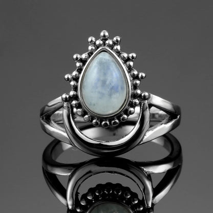 Round Oval Big Natural Moonstones Rings Women's Silver Plated Rings Gifts Vintage Fine Jewelry