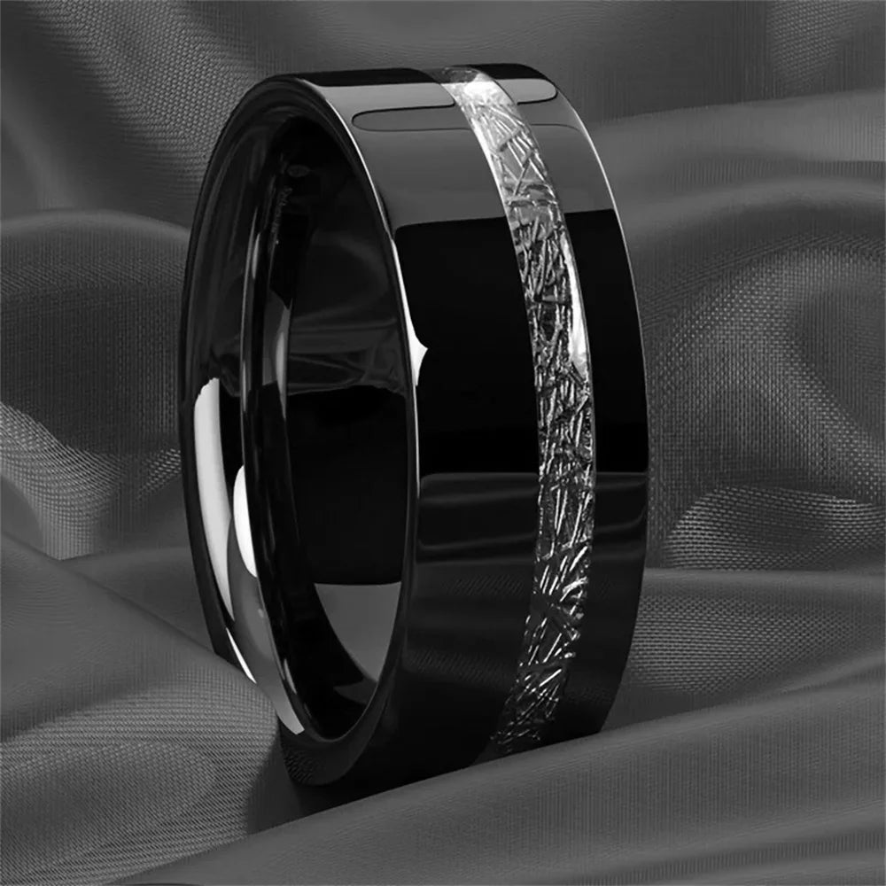 Fashion 8mm Men Stainless Steel Rings Inlay Meteorite Abalone Shell Rings For Men Women Wedding Engagement Band Jewelry Gift