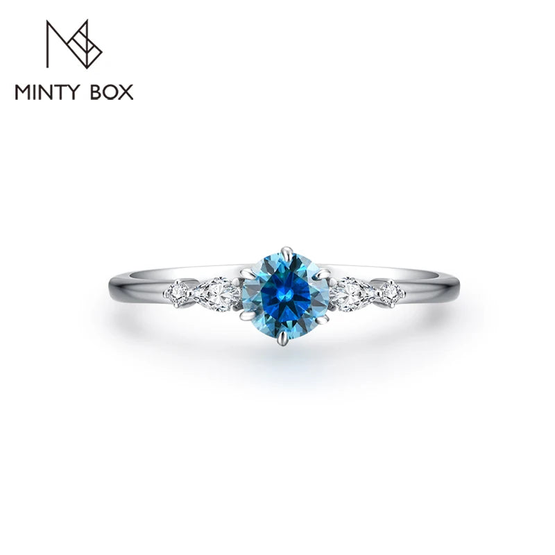 MINTYBOX Round Cut 5mm Blue Moissanite Rings for Women 100% 925 Sterling Silver Elegant Engagement Promise Ring Handmade Jewelry