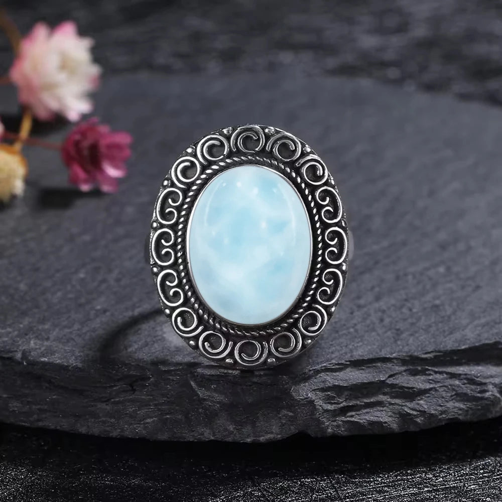 Vintage 925 Silver Natural Larimar Stone Ring Round Flower Shape Sky Blue Sea Water Ring Fine Jewelry Ring Gift For Women Men