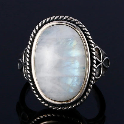 Round Oval Big Natural Moonstones Rings Women's Silver Plated Rings Gifts Vintage Fine Jewelry