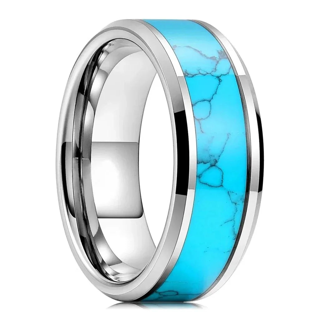 Fashion 8mm Men Stainless Steel Rings Inlay Meteorite Abalone Shell Rings For Men Women Wedding Engagement Band Jewelry Gift