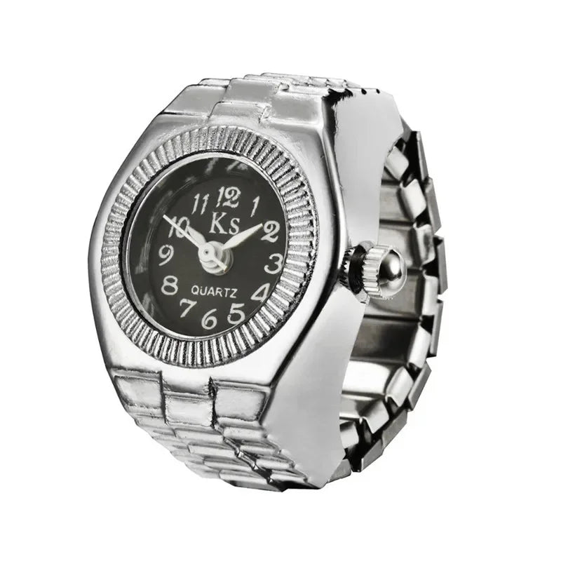 Punk Mini Quartz Watch Clock Finger Rings for Men Women Stainless Steel Elastic Strap Punk Couple Roman Ring Jewelry Gifts