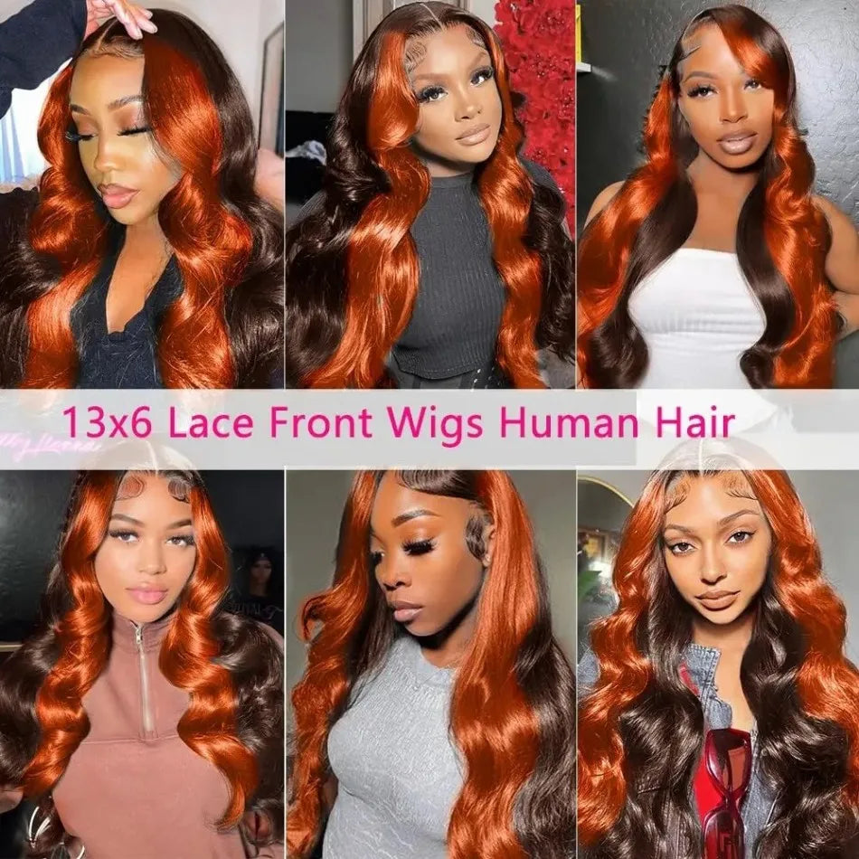 Highlight Ginger Orange Ombre Body Wave 13x6 HD Lace Wig – Pre-Plucked, 250% Density
