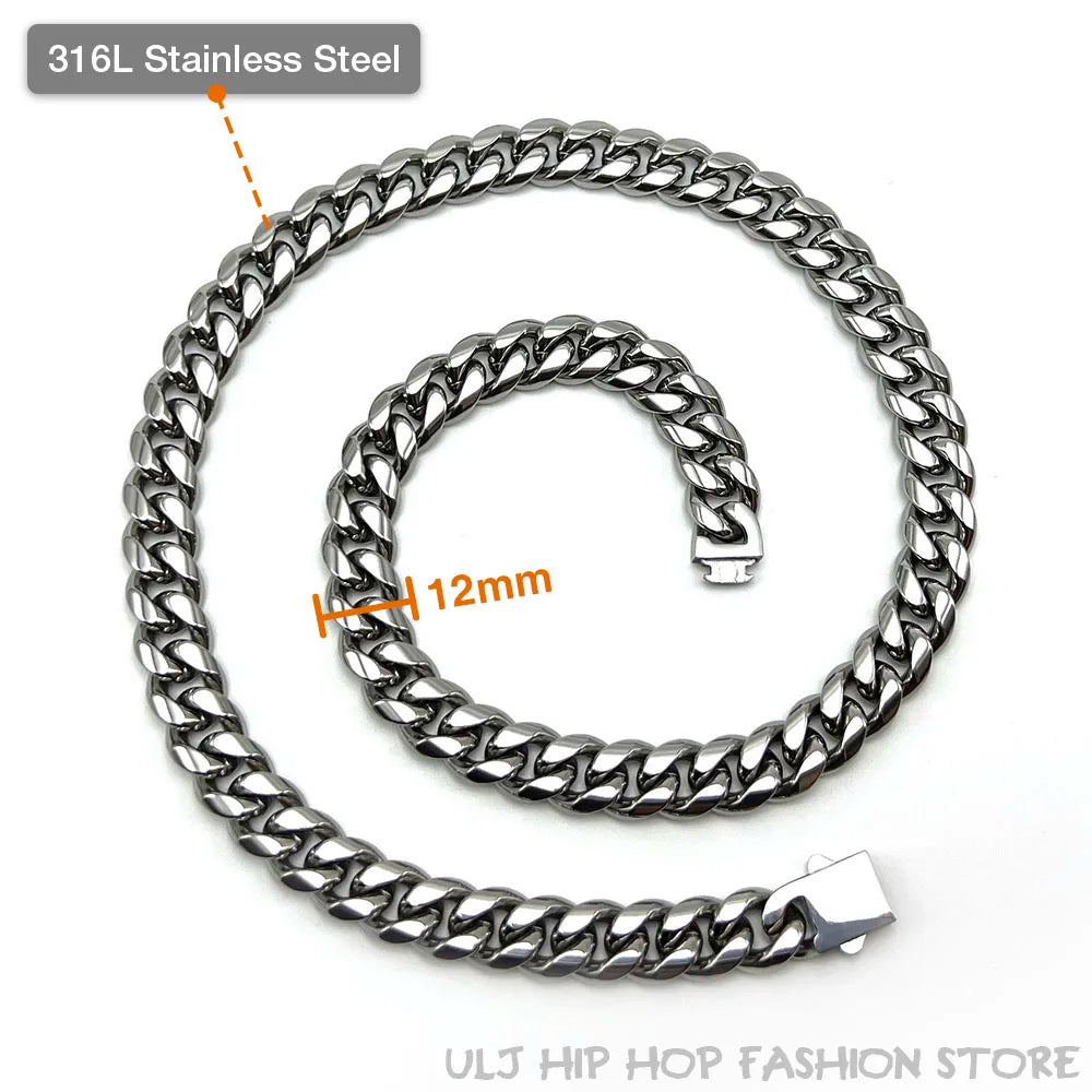 ULJ Punk Miami Cuban Link Men Hip Necklace 304 Stainless Steel Hip-Hop Female Male Bracelet Chain Ice Out Waterproof Jewelry