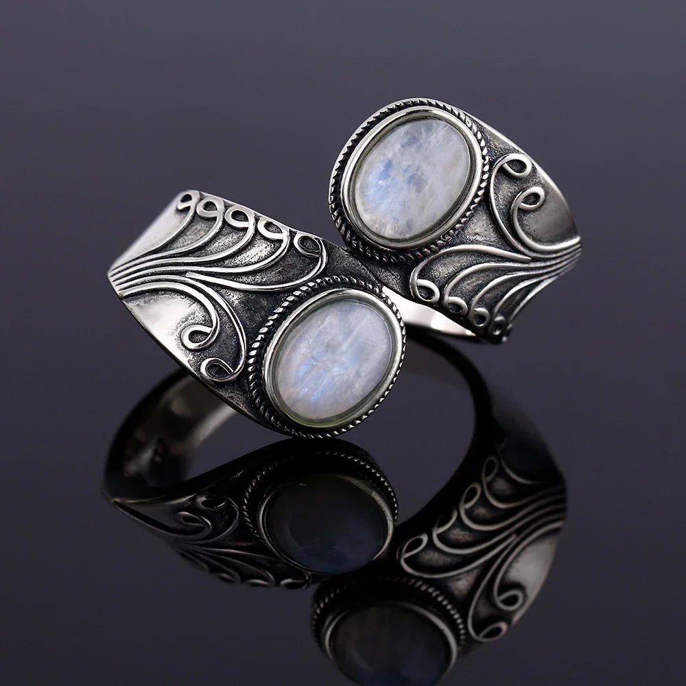 Round Oval Big Natural Moonstones Rings Women's Silver Plated Rings Gifts Vintage Fine Jewelry
