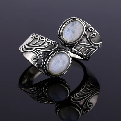 Round Oval Big Natural Moonstones Rings Women's Silver Plated Rings Gifts Vintage Fine Jewelry