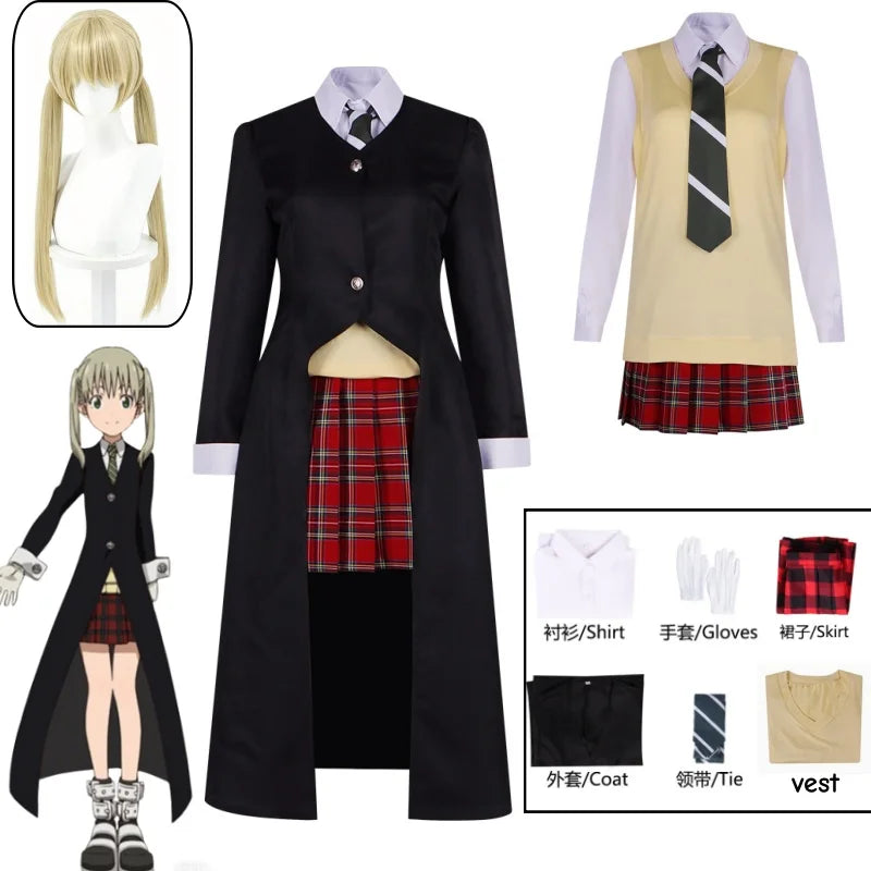 Maka Albarn Cosplay Costume Anime Soul Eater JK Unifrom School Suit Wig Skirt Accessories Full Set Long Coat  Role Play Outfit