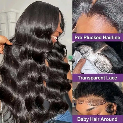 Natural Black Body Wave 13x6 Lace Front Wig – Glueless Pre-Plucked, 250% Density