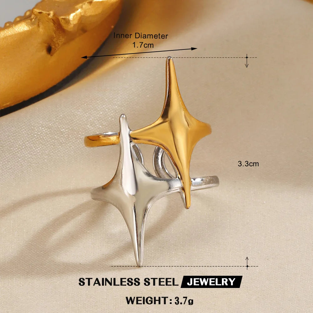 LATS Stainless Steel Y2K Celestial Star Open Rings for Women Men Unique Design Gold Silver Color Adjustable Ring Fashion Jewelry