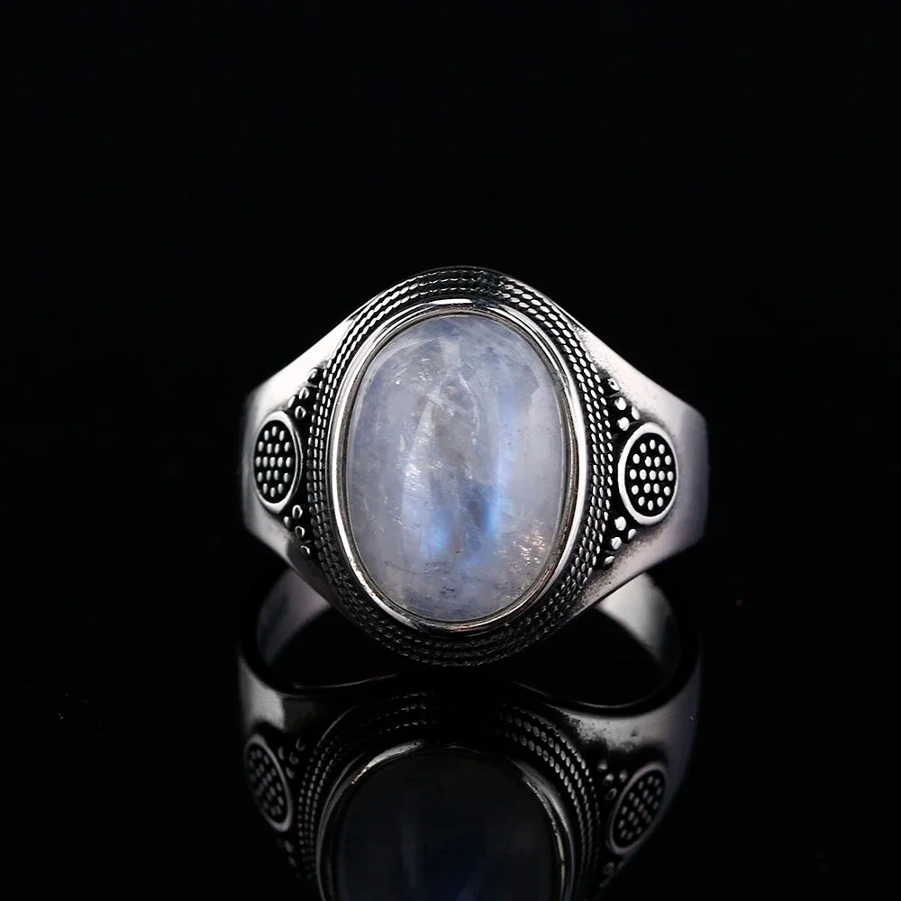 Round Oval Big Natural Moonstones Rings Women's Silver Plated Rings Gifts Vintage Fine Jewelry