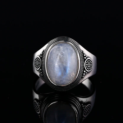 Round Oval Big Natural Moonstones Rings Women's Silver Plated Rings Gifts Vintage Fine Jewelry