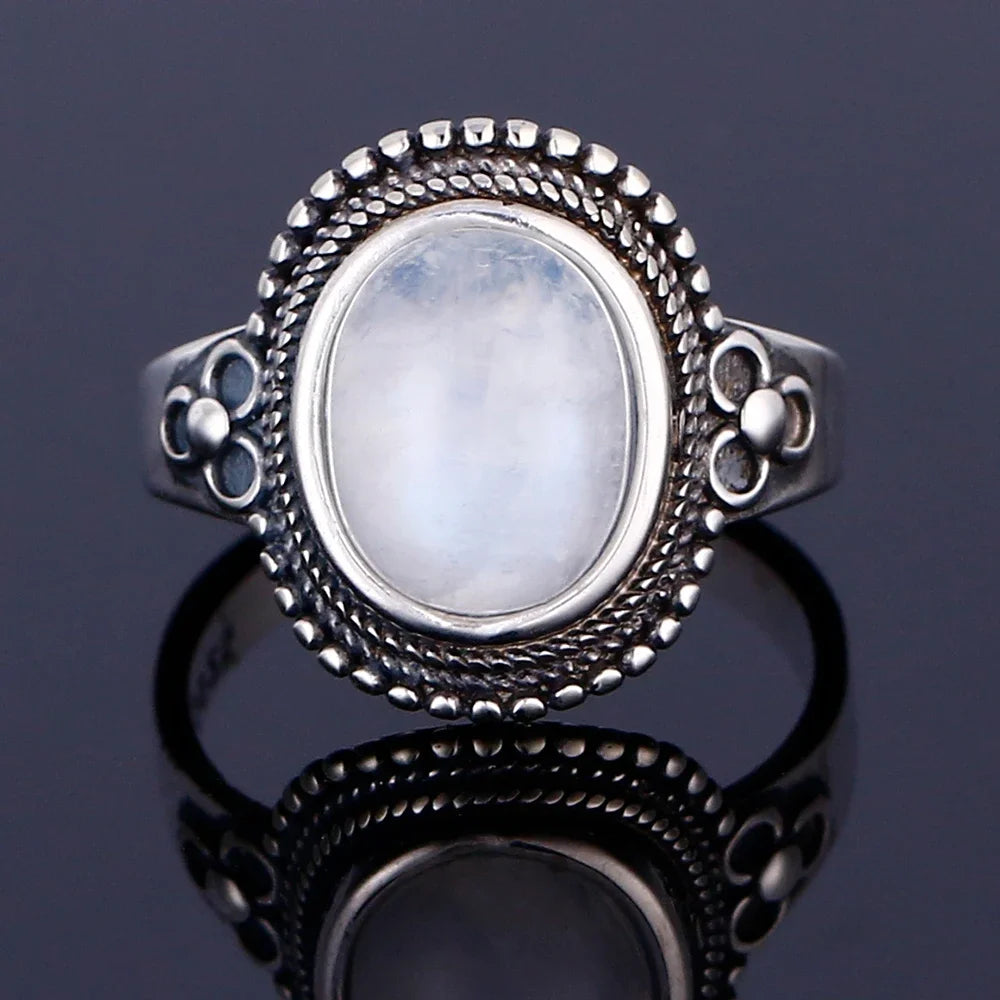 Round Oval Big Natural Moonstones Rings Women's Silver Plated Rings Gifts Vintage Fine Jewelry