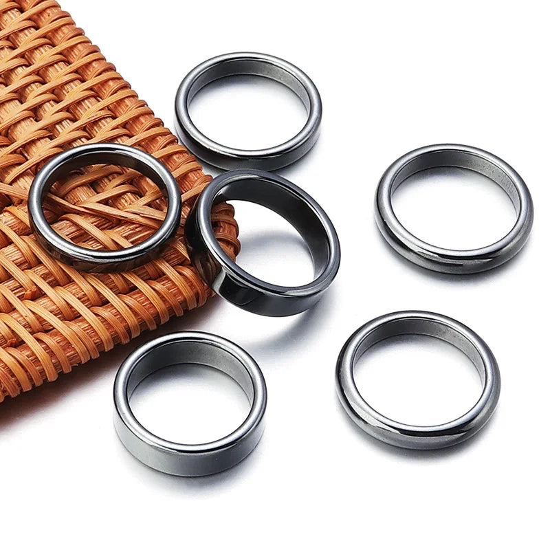 6pcs Unadjustable Black Hematite Rings For Women Men Party Club Smooth Simple Flat Wide Finger Ring Natural Stone 16mm-21mm