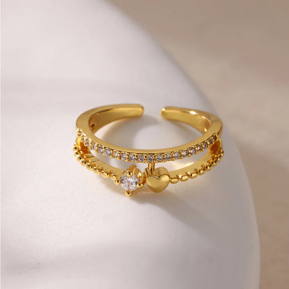 Sweet Heart Zirconia Rings for Women Stainless Steel Gold-Plated Layered Design Everyday Wear Valentine's Day Party Jewelry Gift