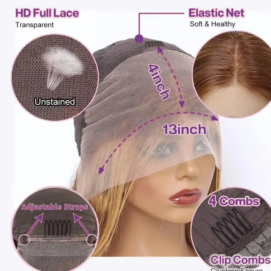 4/27 Honey Blonde Body Wave Bob Wig – 13x4 HD Lace Front, Glueless Pre-Plucked