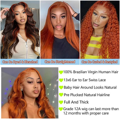 Ginger Orange Body Wave Lace Front Wig – #350 Pre-Plucked 13x6 & 13x4, 200%