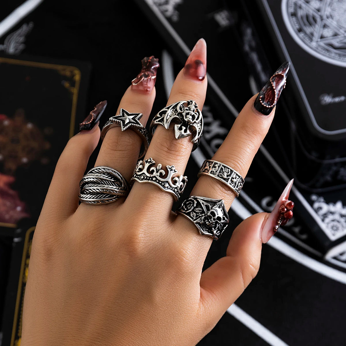 KunJoe 6pcs/set Halloween Jewelry Gothic Metal Skull Head Five Point Star Ring for Men Punk Silver Color Rings Party Gift