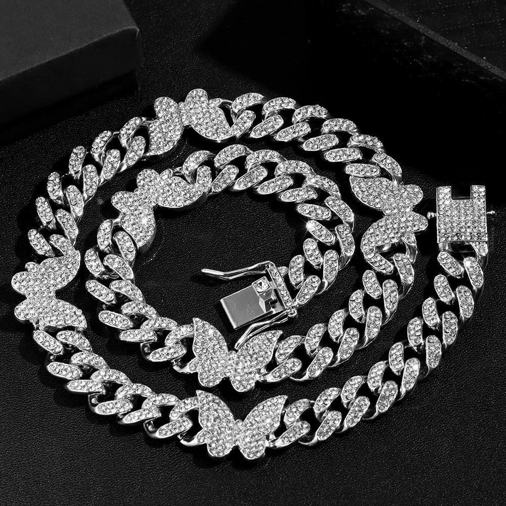 Hip Hop Butterfly Cuban Link Chain Necklace for Men Women, Iced Out Rhinestone Miami Chain, Unisex Bling Jewelry Gift