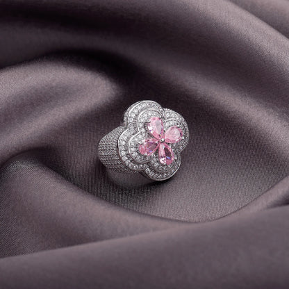 TOPGRILLZ Iced Out Colorful Four Leaf Flower Ring Bling Mirco Paved Cubic Zirconia Punk Rings For Men Women Jewelry