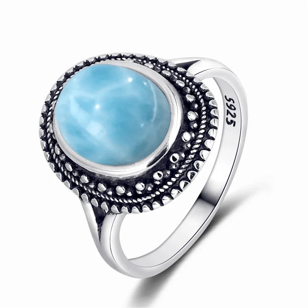 Vintage 925 Silver Natural Larimar Stone Ring Round Flower Shape Sky Blue Sea Water Ring Fine Jewelry Ring Gift For Women Men