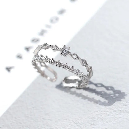 VENTFILLE 925 Sterling Silver Flower Lace Ring Korean Fashion Opening Inlaid CZ Adjustable Rings Valentine's Day Gift