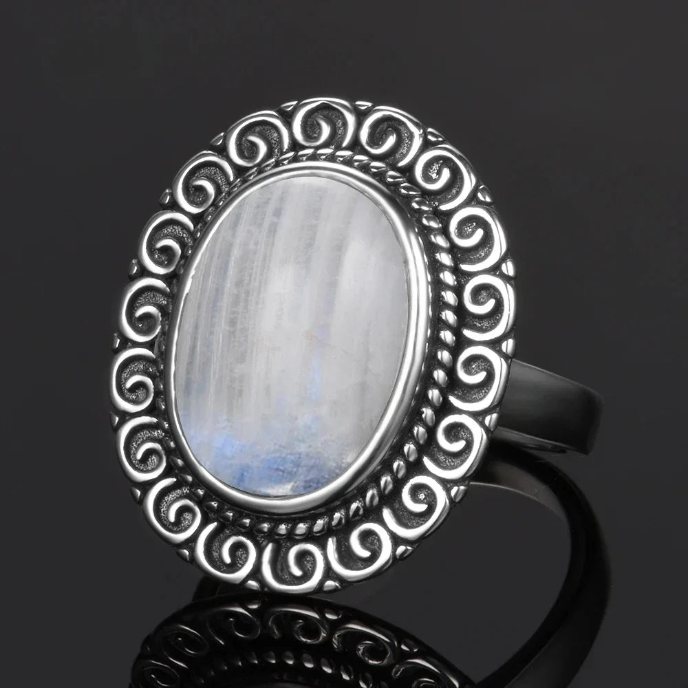 Round Oval Big Natural Moonstones Rings Women's Silver Plated Rings Gifts Vintage Fine Jewelry