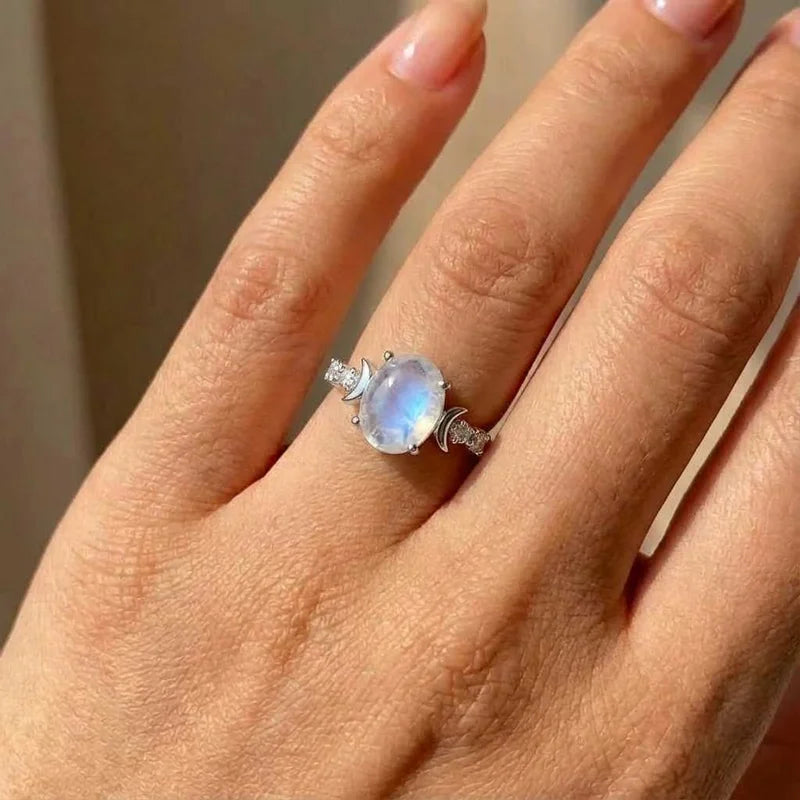 925 Sterling Silver Imitation Opal Moon Rings for Women Aesthetic Wedding Accessories Fancy Anniversary Gift Statement Jewelry