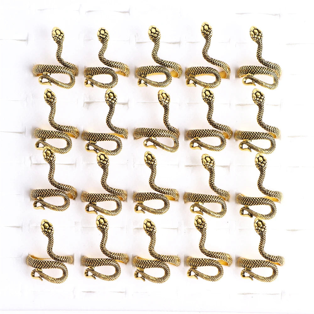10pcs/lot Men Retro Punk Snake Rings For Women Antique Siver Color Opening Adjustable Jewelry Party Gifts