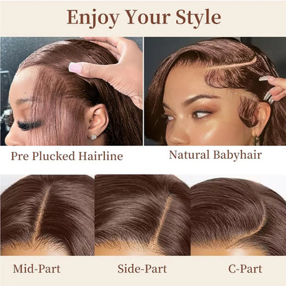 Chocolate Brown Straight 13x6 HD Lace Frontal Wig – Pre-Plucked 46 Inch, 13x4 Transparent