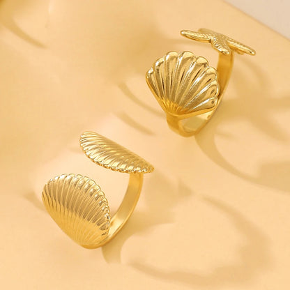 MHS.SUN Ocean Style Stainless Steel Starfish Shell Rings For Women Men Vintage Gold Plated Open Ring Summer Beach Jewelry