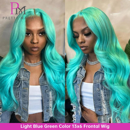 Cyan Blue & Light Green 13x6 Lace Front Wig – Body Wave Pre-Plucked Colored 613