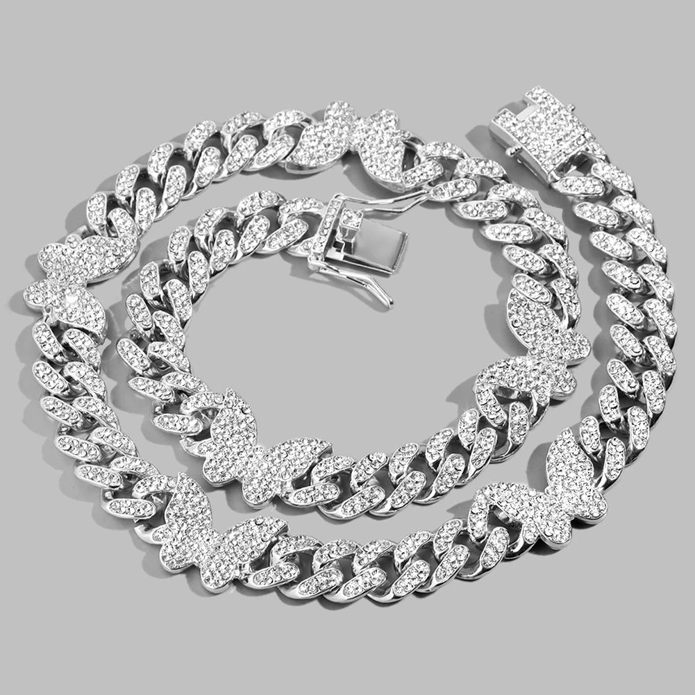 Hip Hop Butterfly Cuban Link Chain Necklace for Men Women, Iced Out Rhinestone Miami Chain, Unisex Bling Jewelry Gift